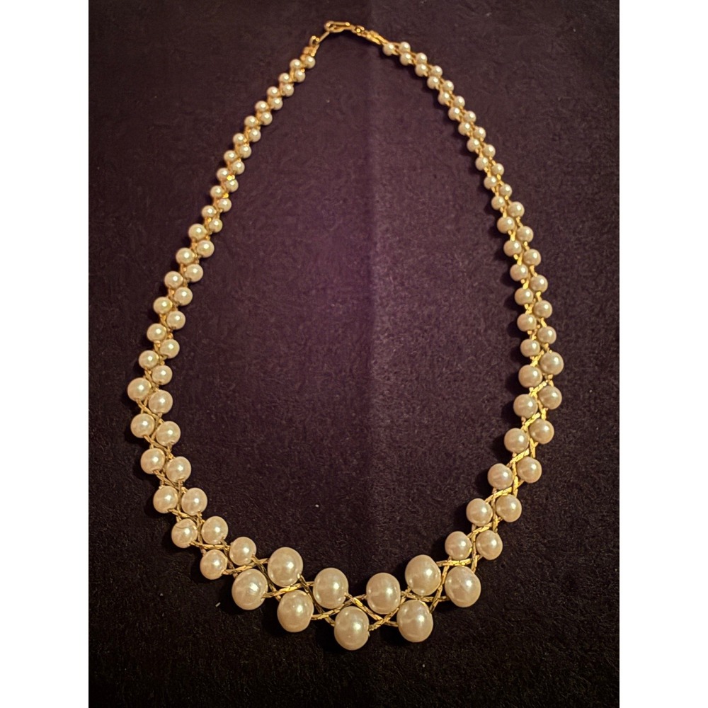 Vintage Faux‎ Pearl Graduated Collar Necklace Gold Tone Braided Chain Bridal Bib